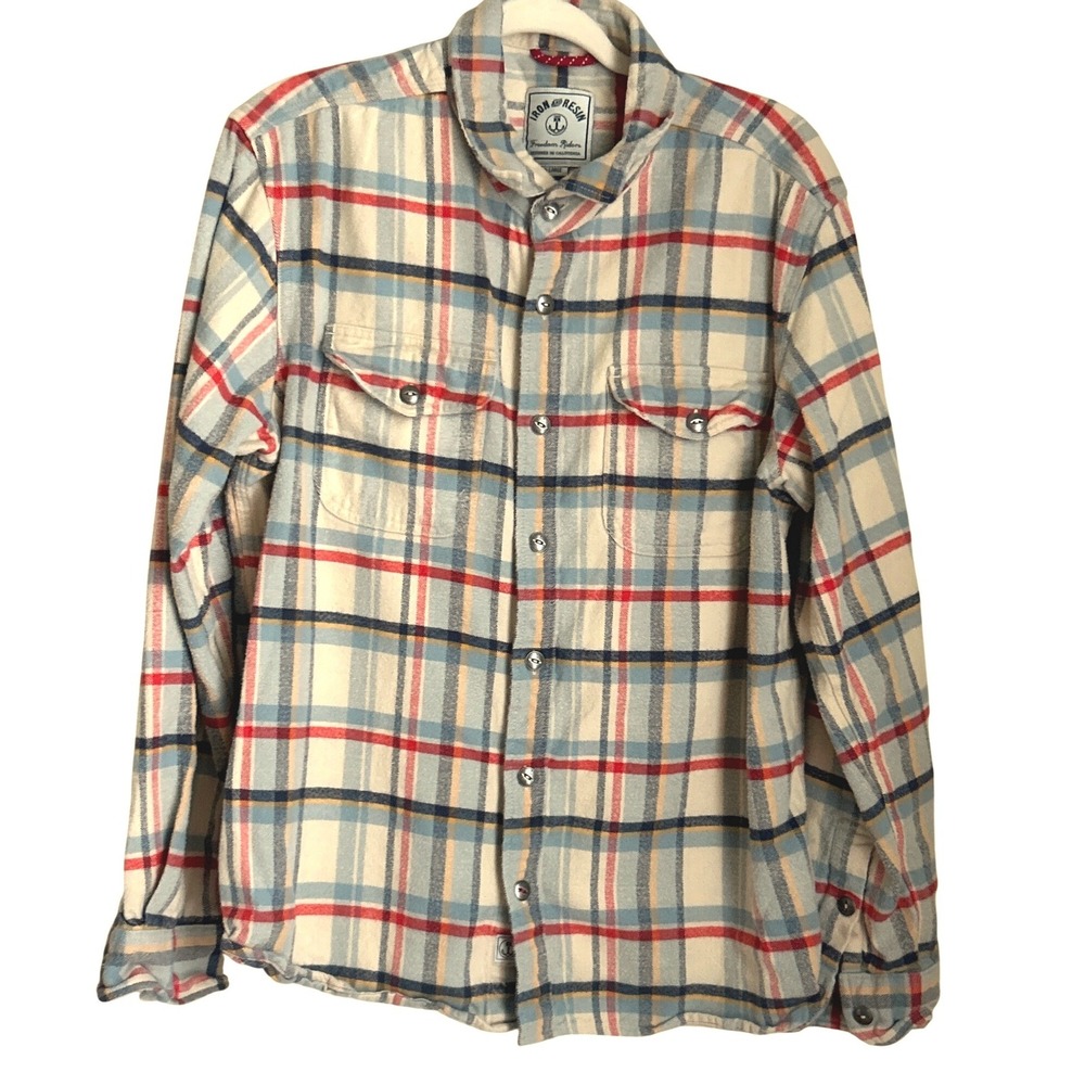 Iron and Resin Freedom Riders XL Button Up Flannel Shirt Plaid Cream Blue Red